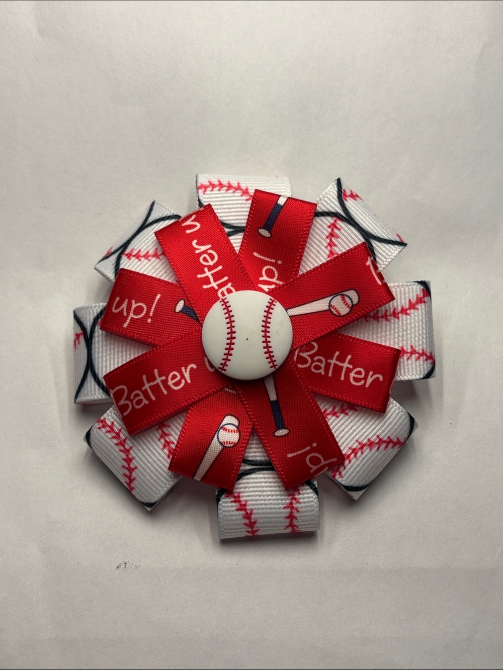 Baseball Ribbon Flower Hair Bow - Red and White
